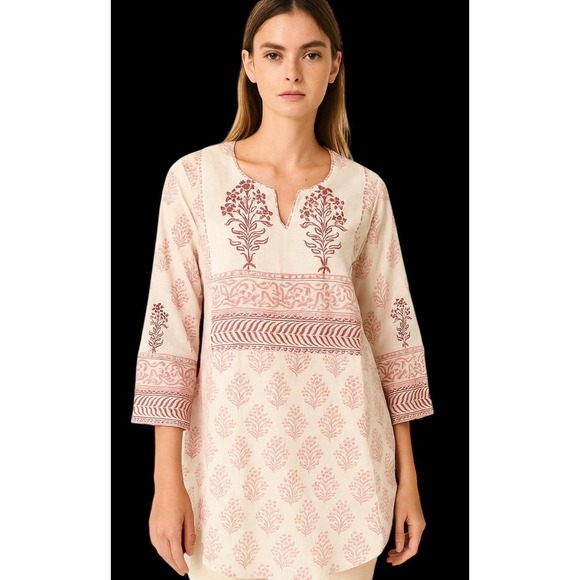 Kilol Tunic Top M Hand Block Print 3/4 Sleeve Piping‎ Cotton NWT - Picture 1 of 9